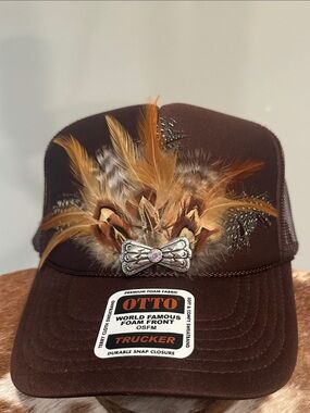OTTO Brown Feather Accent Trucker Hat with Concho
